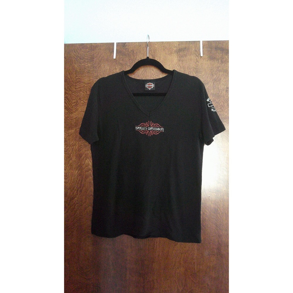 Harley Davidson T-Shirt Women XL Black Waffle V-Neck Embroidered Milwaukee, WI